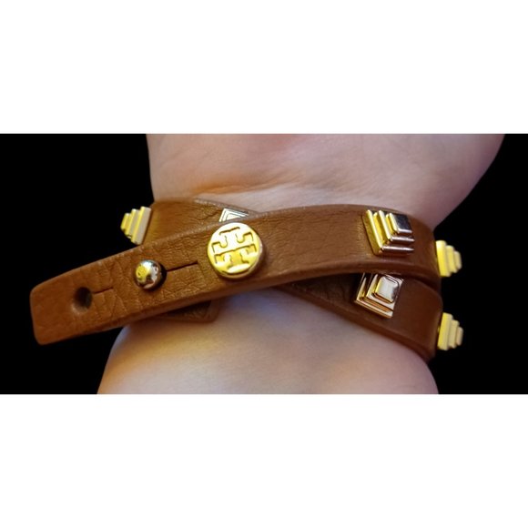 Tory Burch Brown Leather Gold Tone Studded 15.5" Long Wrap Bracelet - Picture 5 of 8